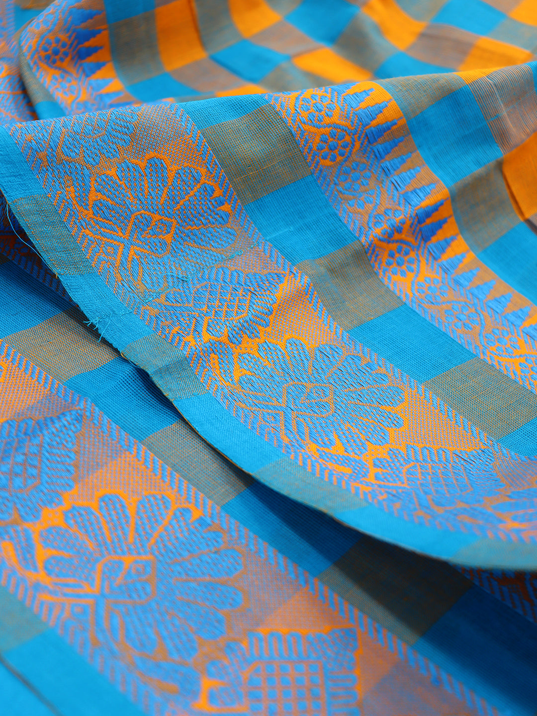 Women Blue with Orange Checks Pure Chettinad Cotton Saree PCS217