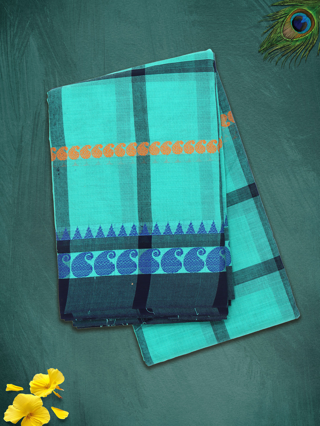 Women Teal Green Checks Pure Chettinad Cotton Saree PCS219