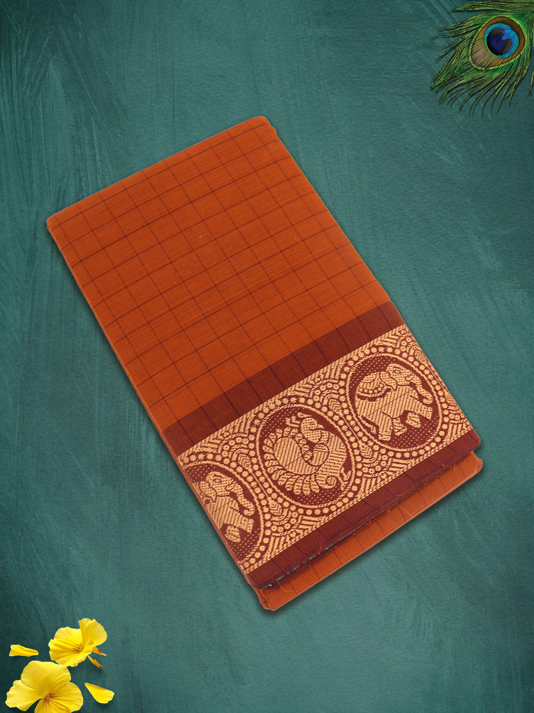 Women Burnt Orange Checks Pure Chettinad Cotton Saree PCS221