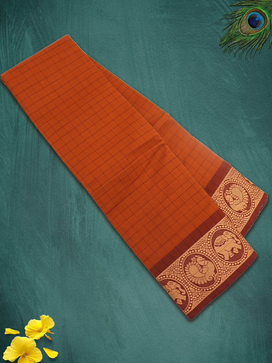 Women Burnt Orange Checks Pure Chettinad Cotton Saree PCS221