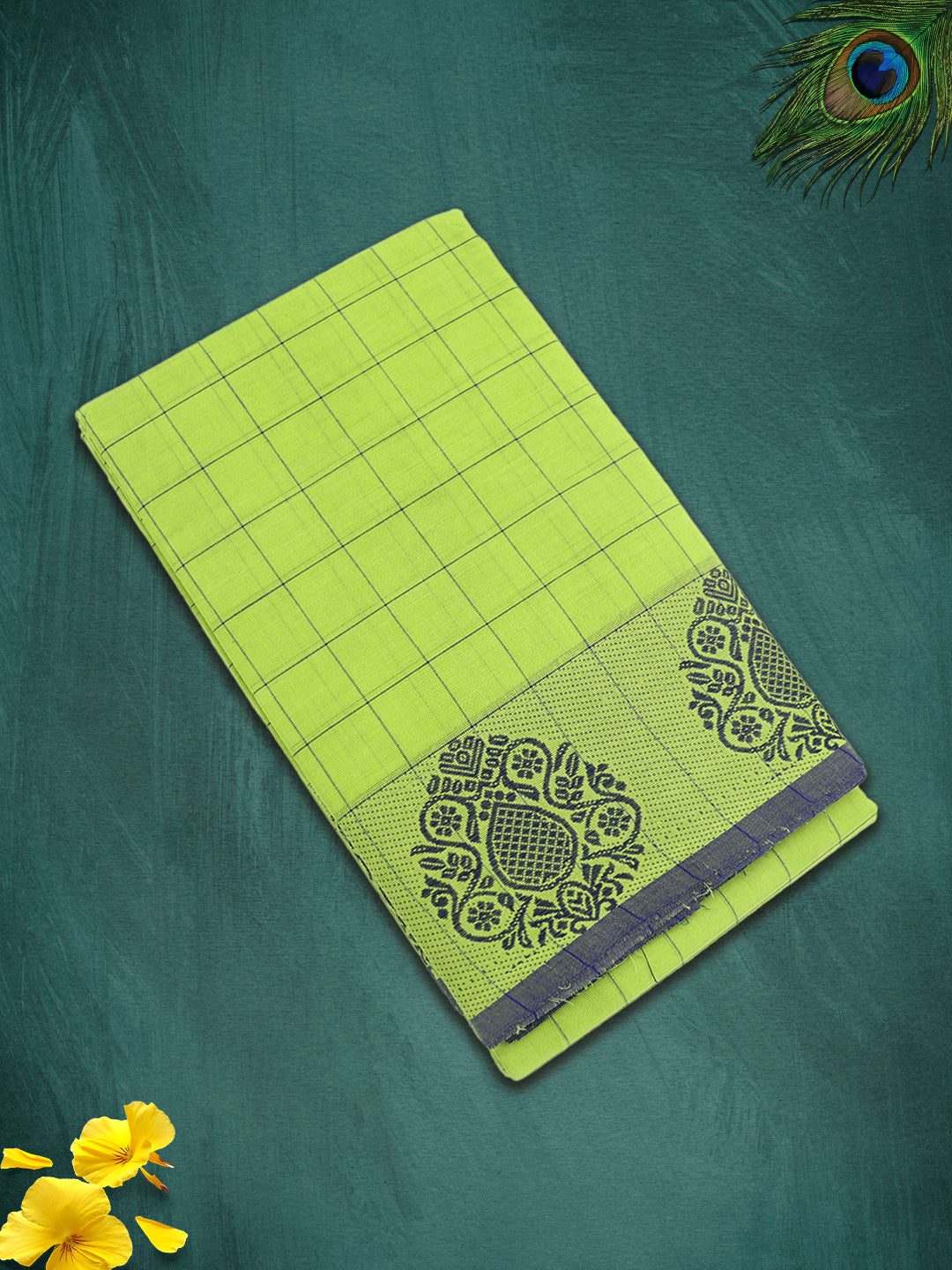 Women Parrot Green Checks Pure Chettinad Cotton Saree PCS222