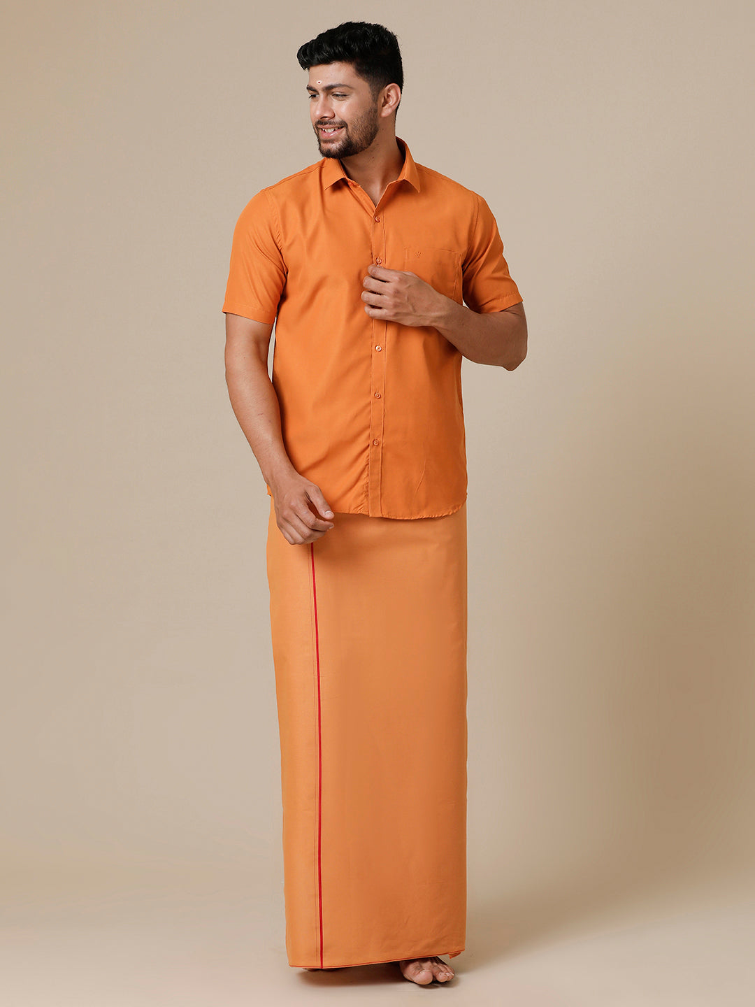 Mens Devotional Half Sleeve Shirt & Dhoti Combo Kavi