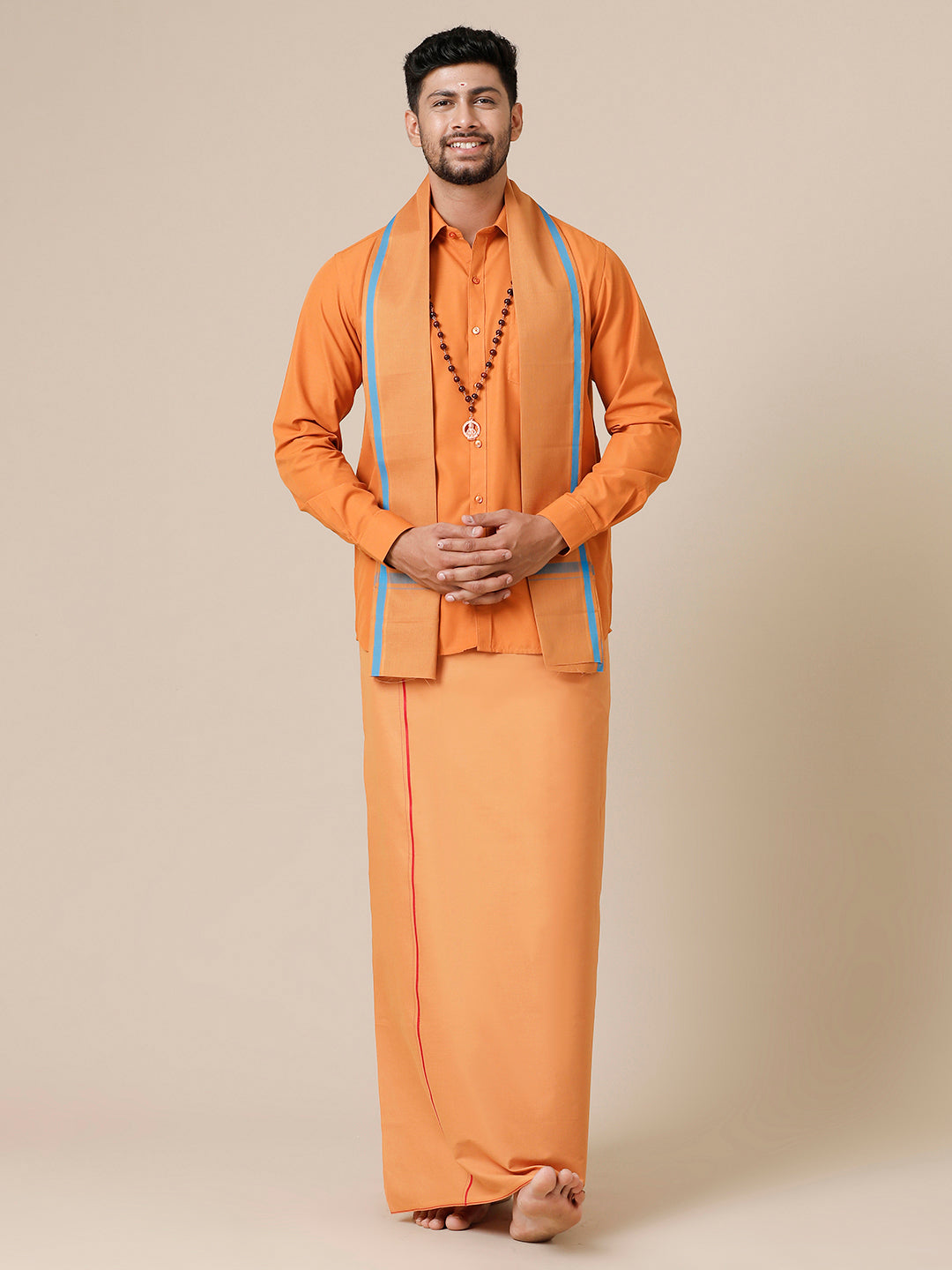 Mens Devotional Full Sleeve Shirt,Dhoti & Towel 3 in 1 Kaavi