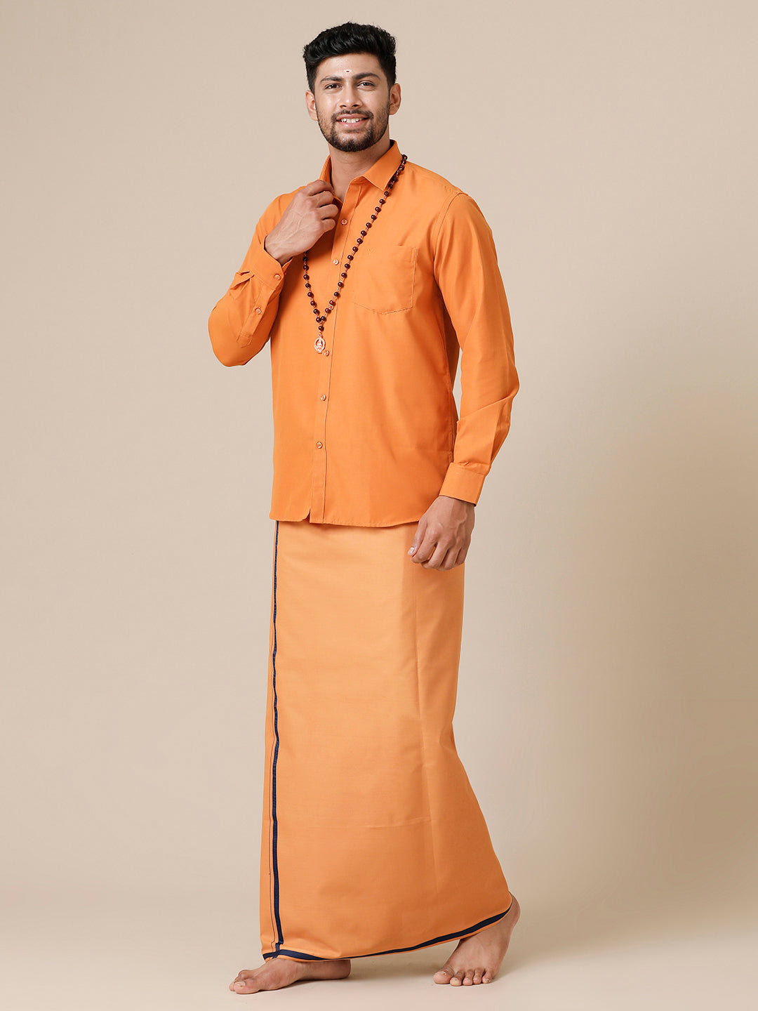 Mens Devotional Full Sleeve Shirt & Dhoti Combo Kavi