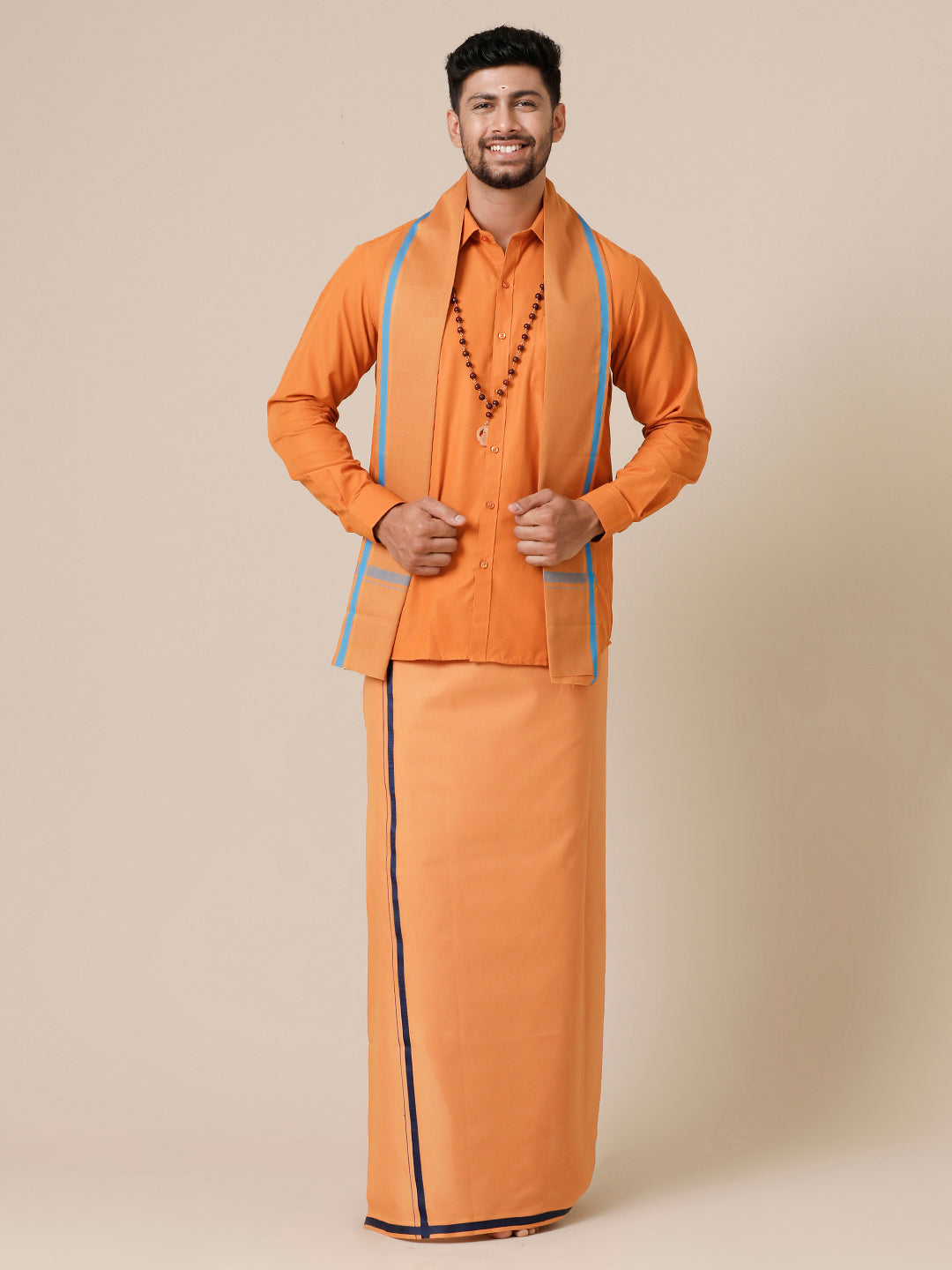 Mens Devotional Full Sleeve Shirt,Dhoti & Towel 3 in 1 Kaavi