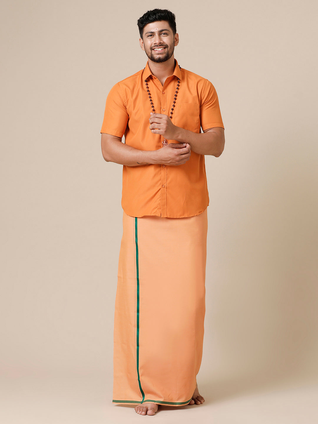 Mens Devotional Half Sleeve Shirt & Dhoti Combo Kaavi