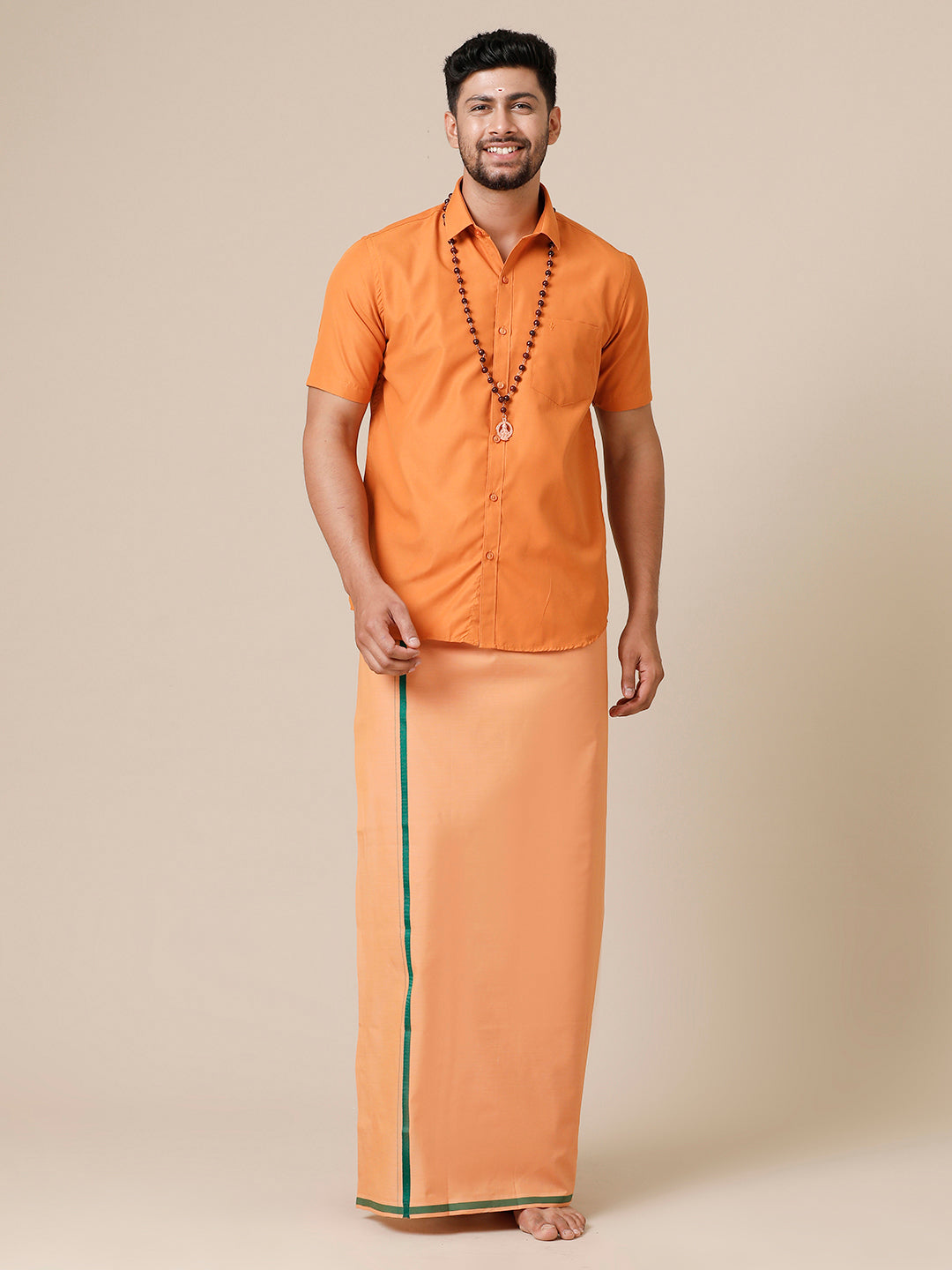 Mens Devotional Half Sleeve Shirt & Dhoti Combo Kaavi