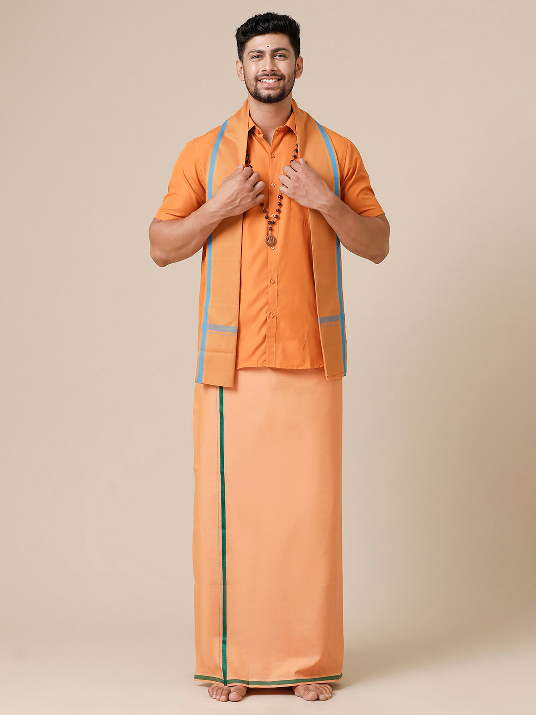 Mens Devotional Half Sleeve Shirt,Dhoti & Towel 3 in 1 Kaavi