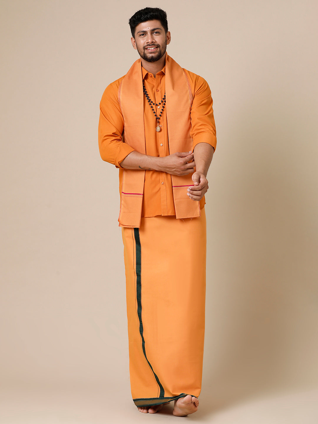 Mens Devotional Full Sleeve Shirt,Dhoti & Towel 3 in 1 Kavi