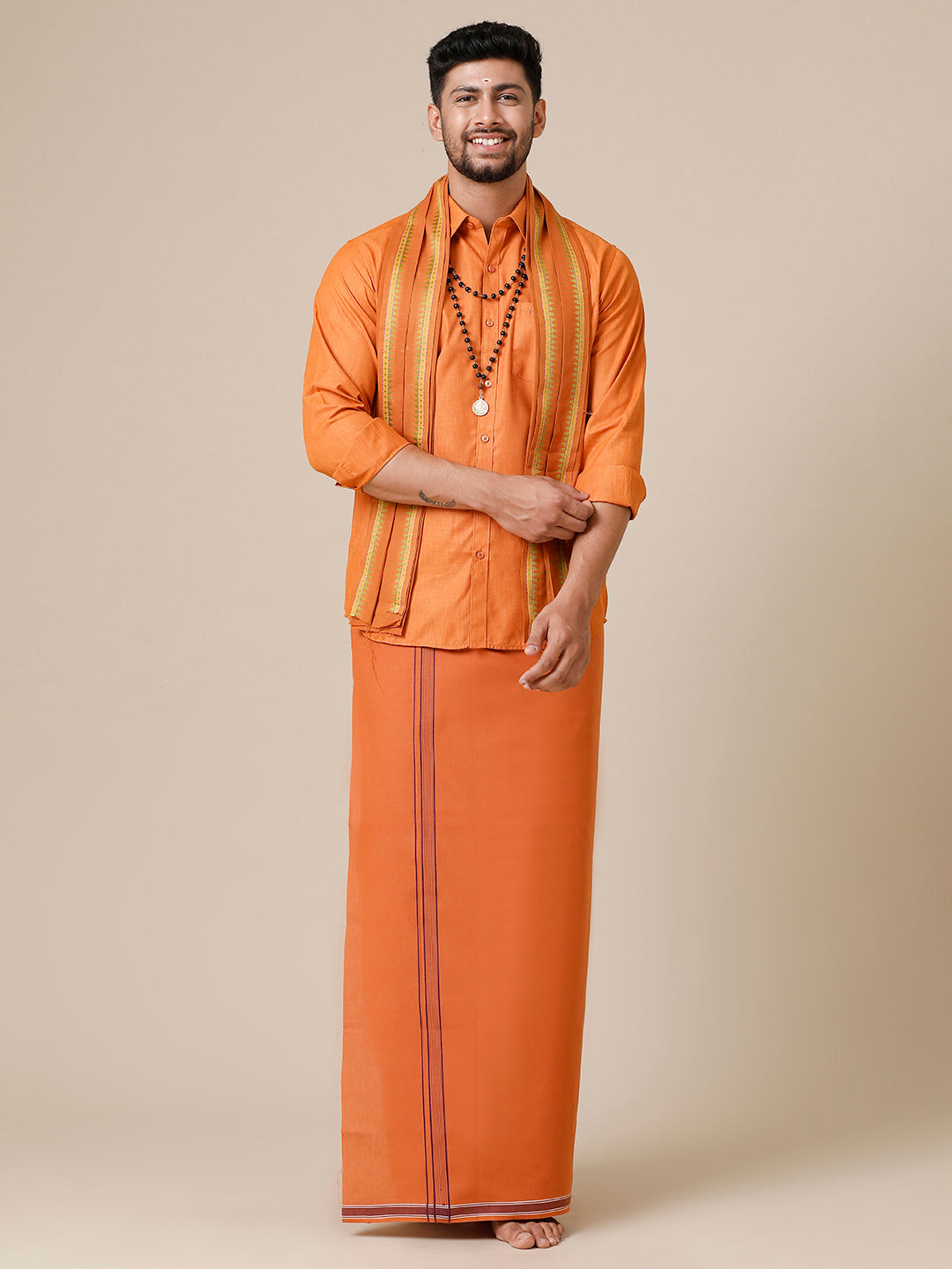 Mens Devotional Full Sleeve Shirt,Dhoti & Towel 3 in 1 Kavi