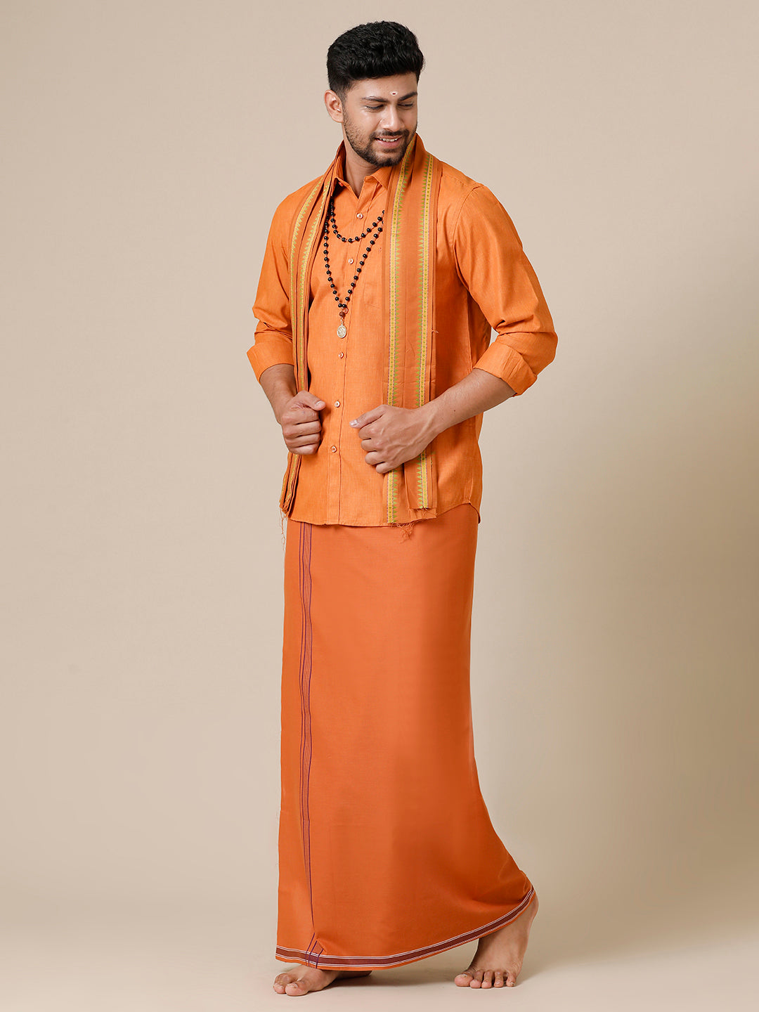 Mens Devotional Full Sleeve Shirt,Dhoti & Towel 3 in 1 Kavi