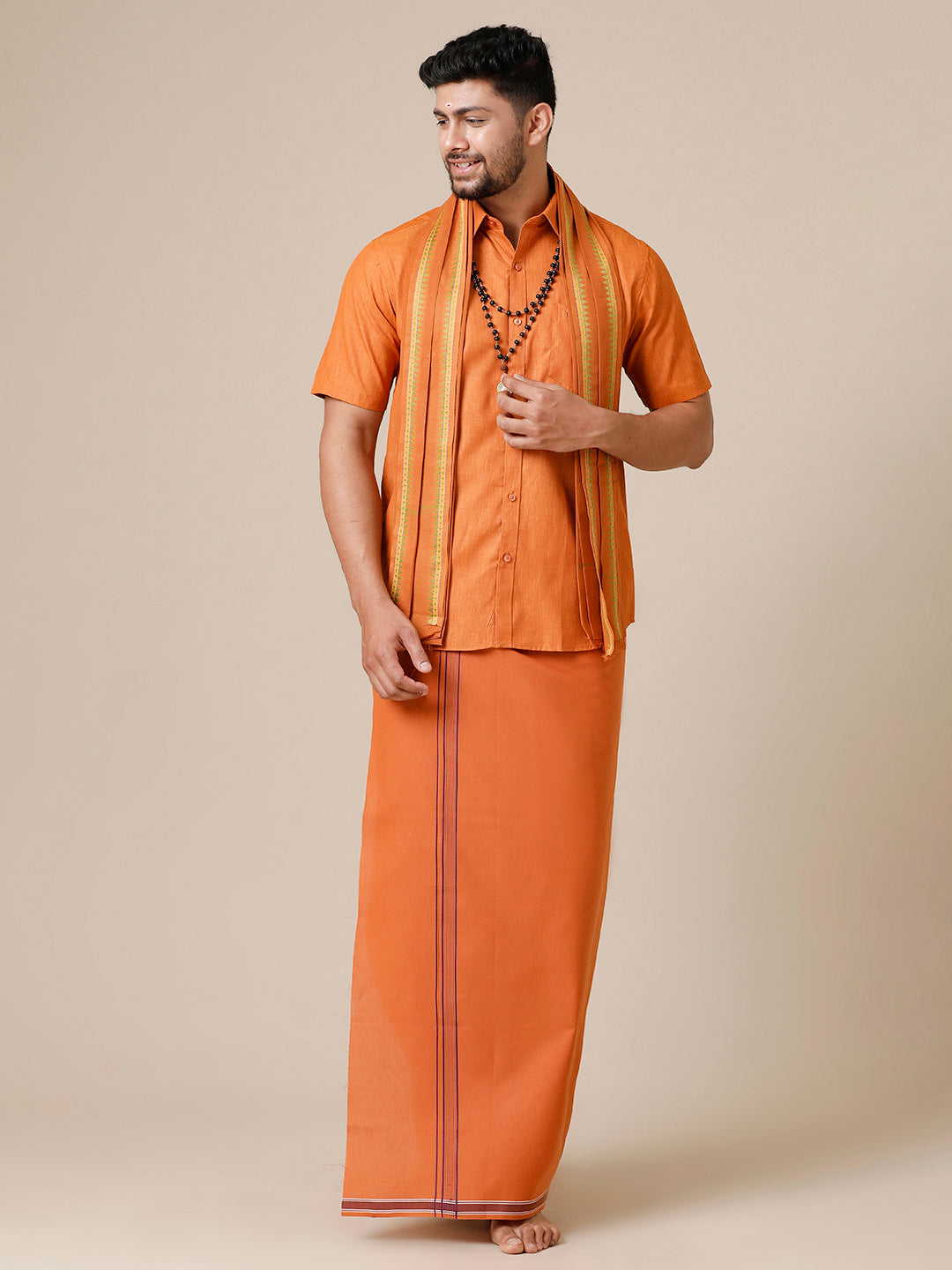 Mens Devotional Half Sleeve Shirt,Dhoti & Towel 3 in 1 Kavi