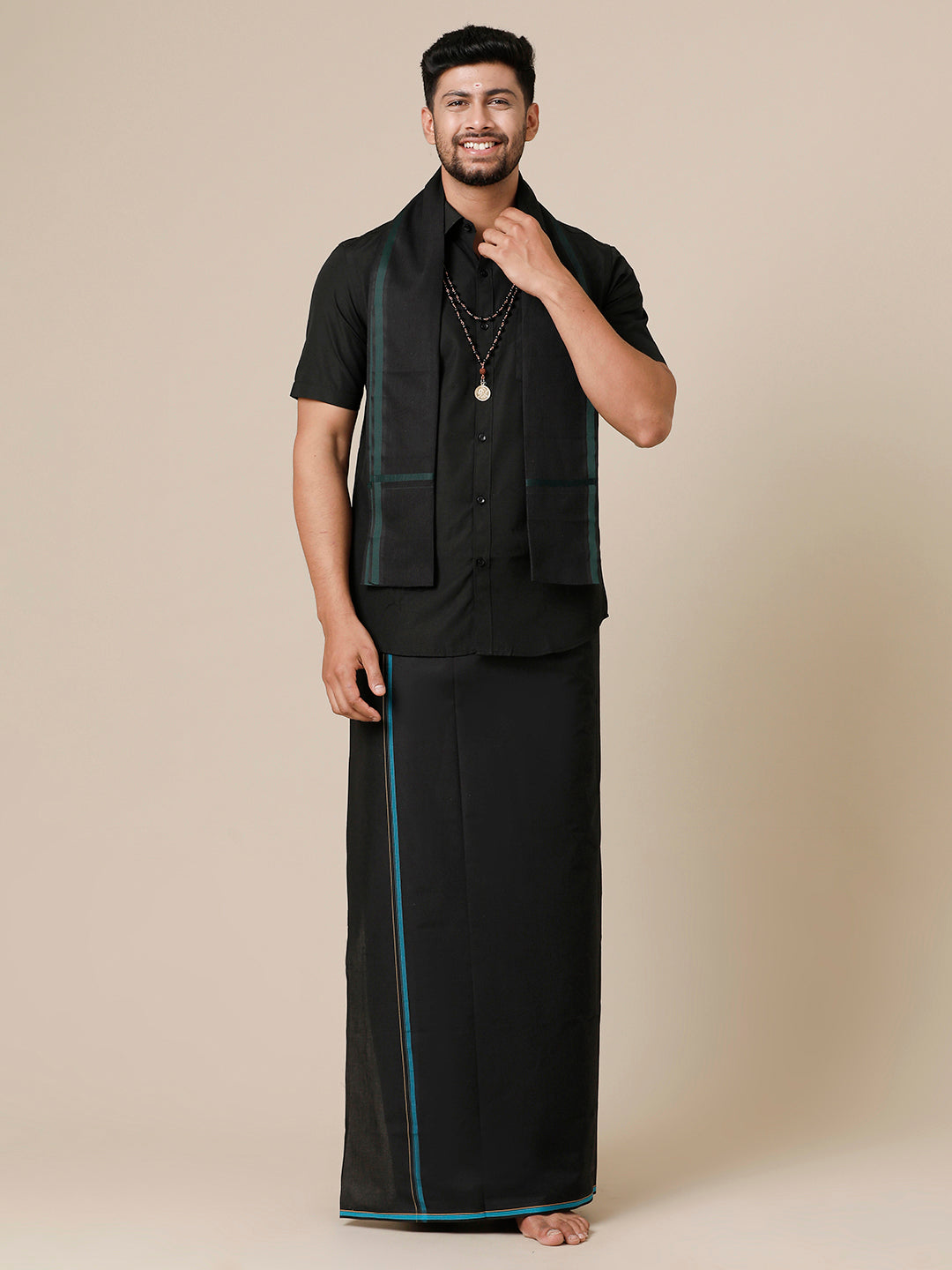 Mens Devotional Half Sleeve Shirt,Dhoti & Towel 3 in 1 Black