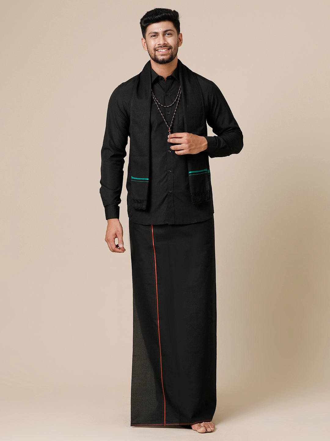 Mens Devotional Full Sleeve Shirt,Dhoti & Towel 3 in 1 Black