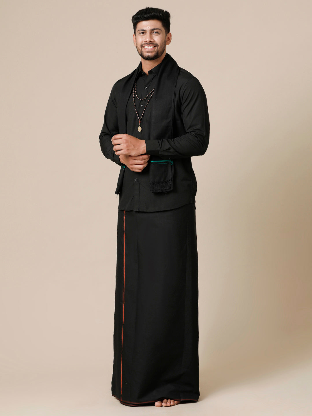 Mens Devotional Full Sleeve Shirt,Dhoti & Towel 3 in 1 Black