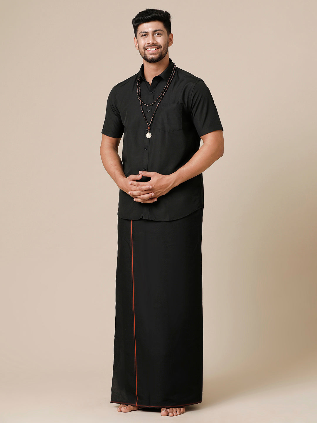 Mens Devotional Half Sleeve Shirt & Dhoti Combo Black