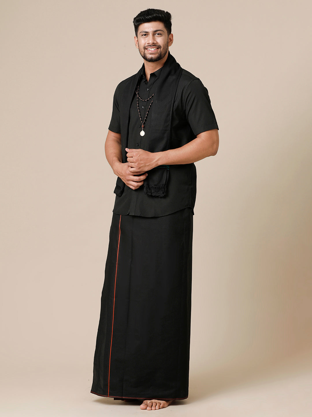 Mens Devotional Half Sleeve Shirt,Dhoti & Towel 3 in 1 Black