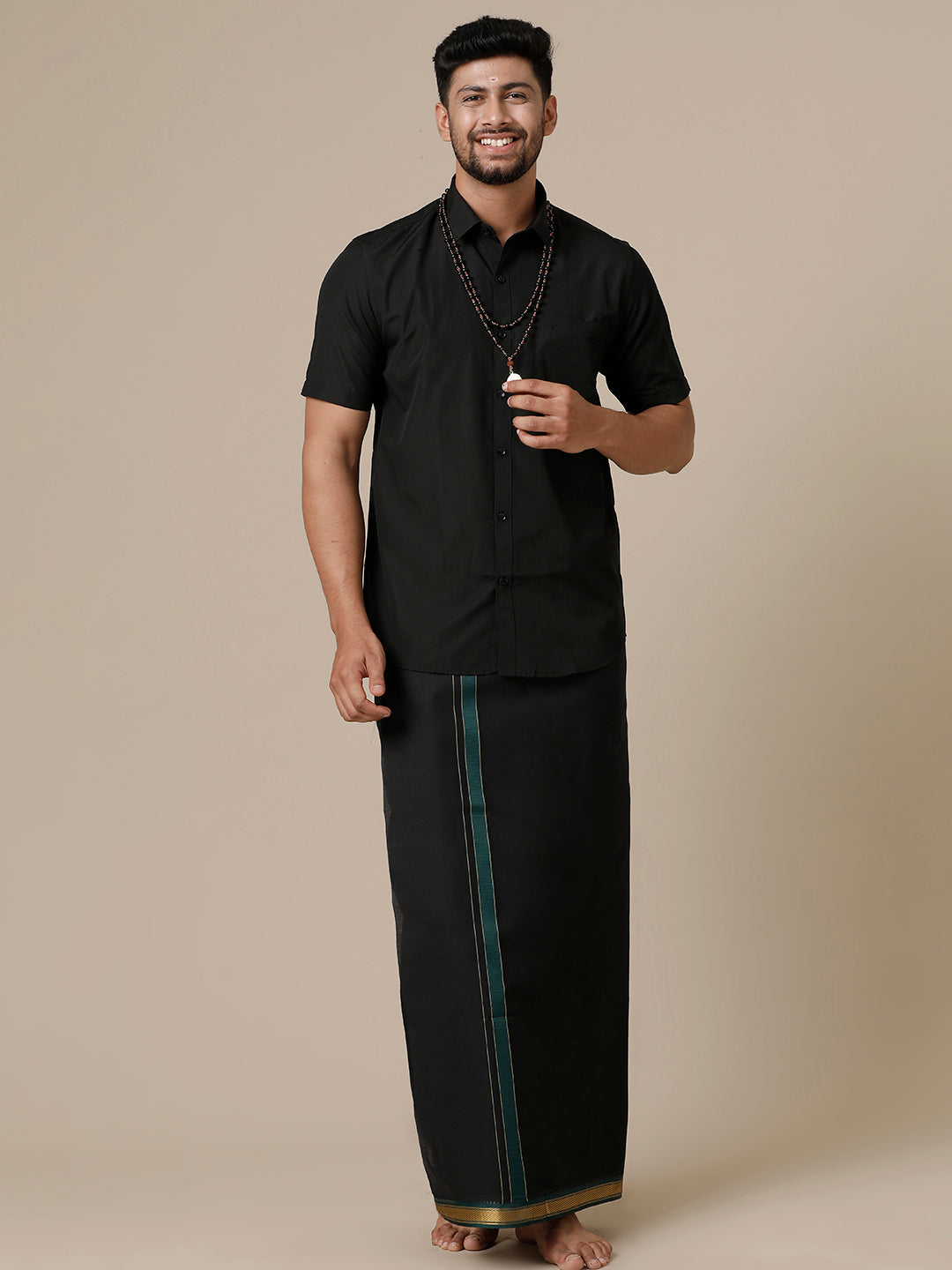 Mens Devotional Half Sleeve Shirt & Dhoti Combo Brindhavan Black