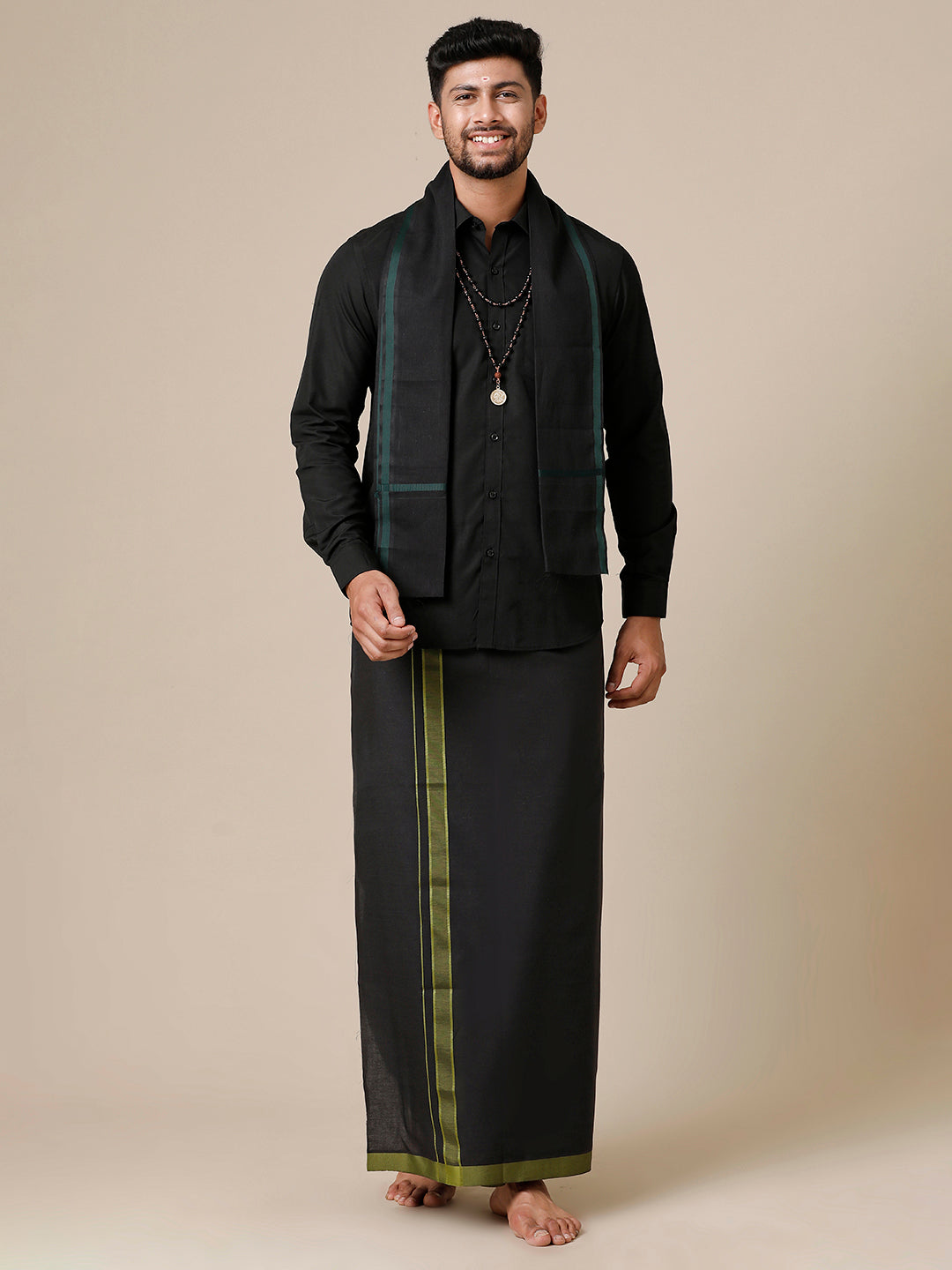 Men Devotional Full Sleeves Shirt Dhoti & Towel Set Black