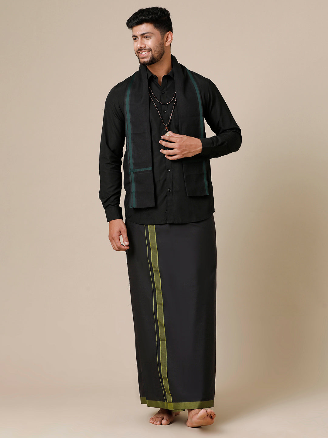 Men Devotional Full Sleeve Shirt, Dhoti & Towel (3 in 1) Black