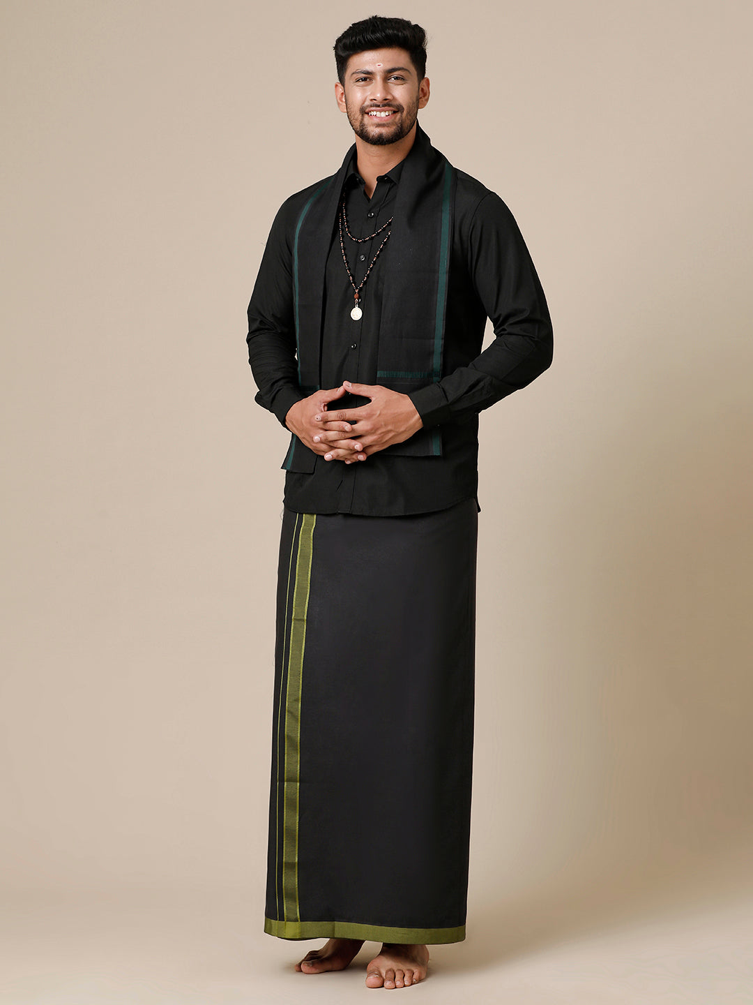 Men Devotional Full Sleeves Shirt Dhoti & Towel Set Black