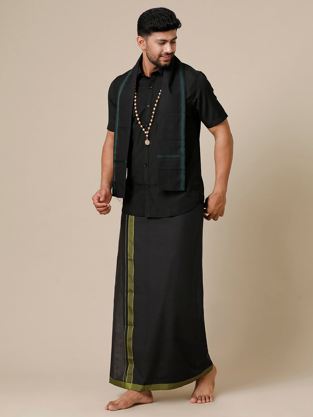 Men Devotional Half Sleeve Shirt, Dhoti & Towel 3 in 1 Black