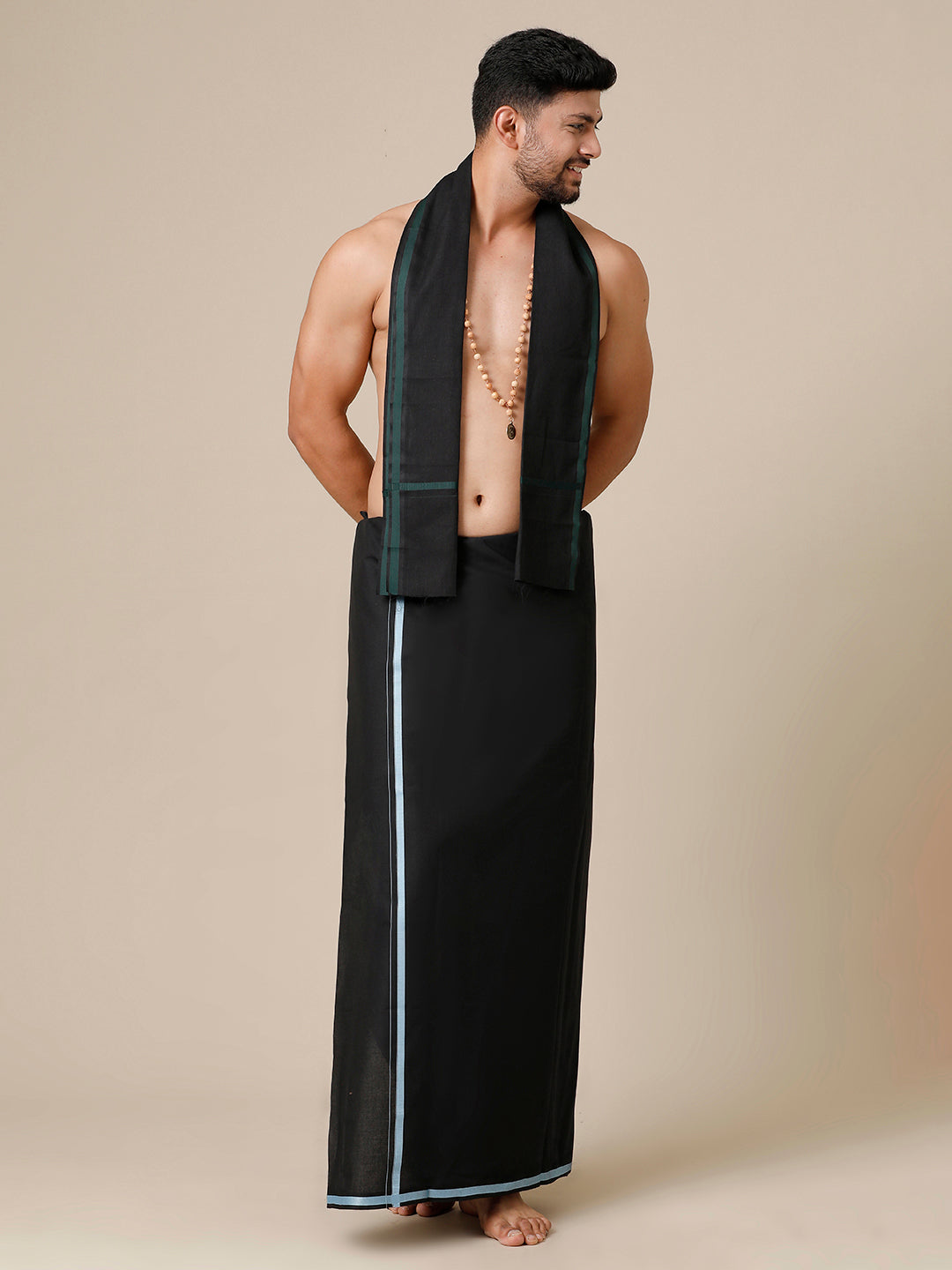 Men Devotional Big Border Dhoti & Towel Combo Grade Black