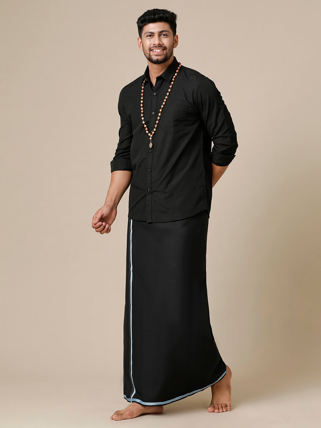 Mens Devotional Full Sleeve Shirt & Dhoti Combo Grade Black