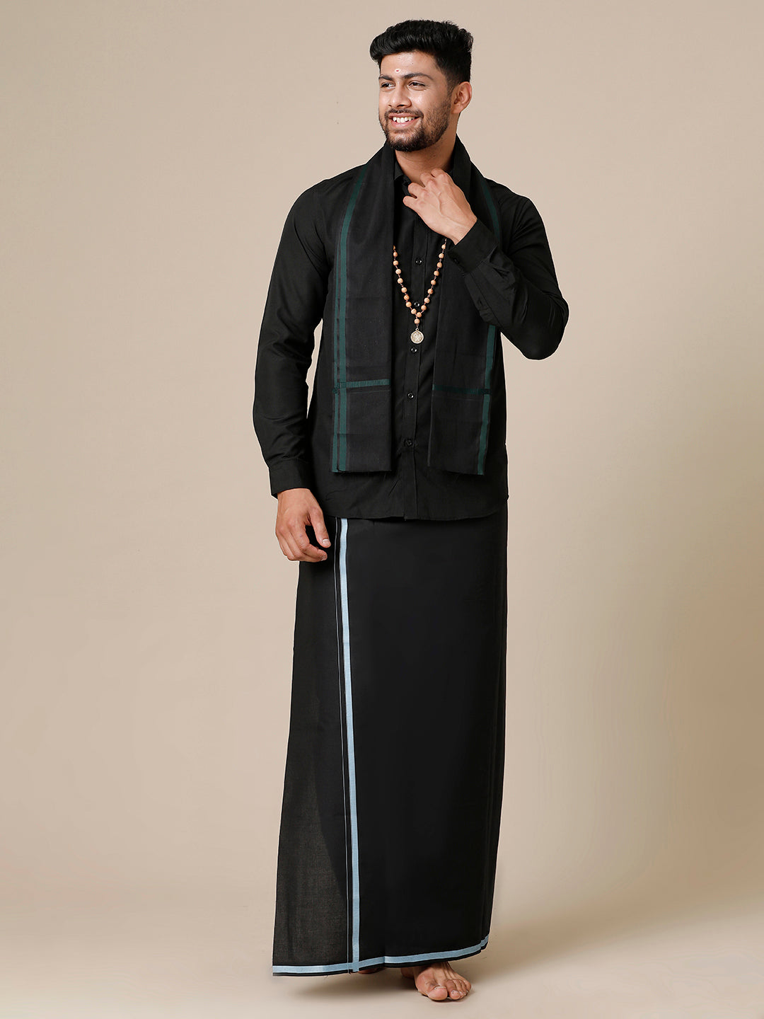 Men Devotional Full Sleeve Shirt, Dhoti & Towel 3 in 1 Black