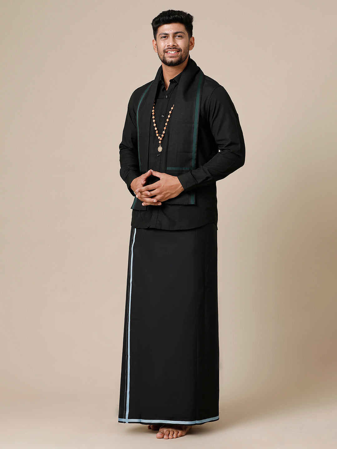 Men Devotional Full Sleeve Shirt, Dhoti & Towel 3 in 1 Black