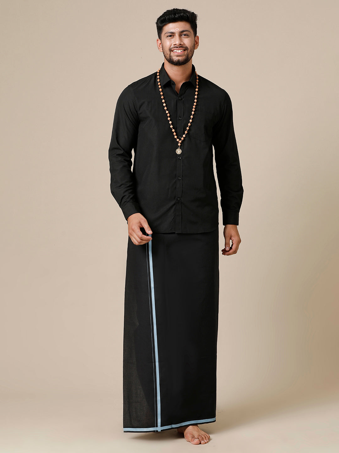 Mens Devotional Full Sleeve Shirt & Dhoti Combo Grade Black