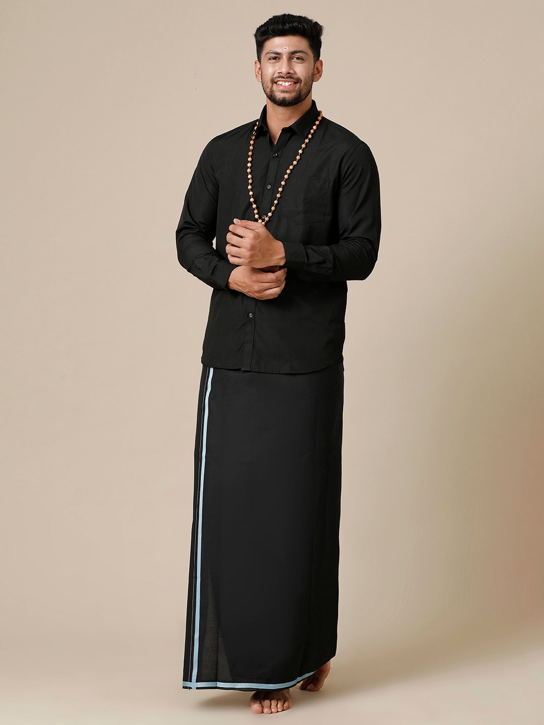 Mens Devotional Full Sleeve Shirt & Dhoti Combo Grade Black