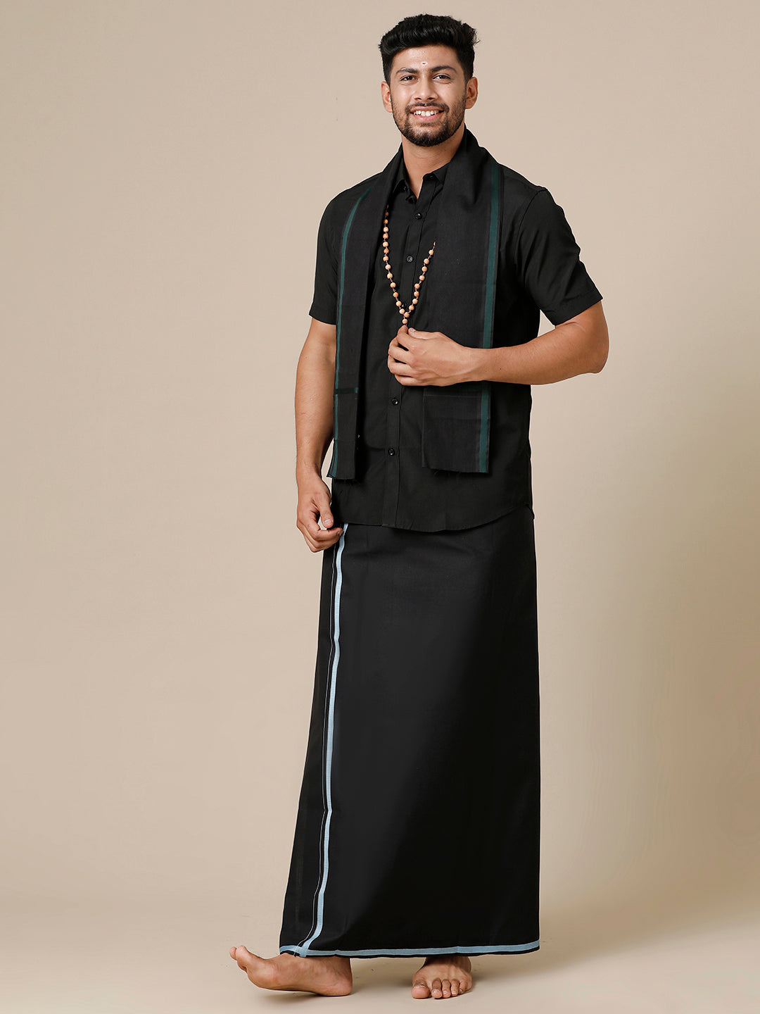 Mens Devotional Half Sleeve Shirt,Dhoti & Towel 3 in 1 Black