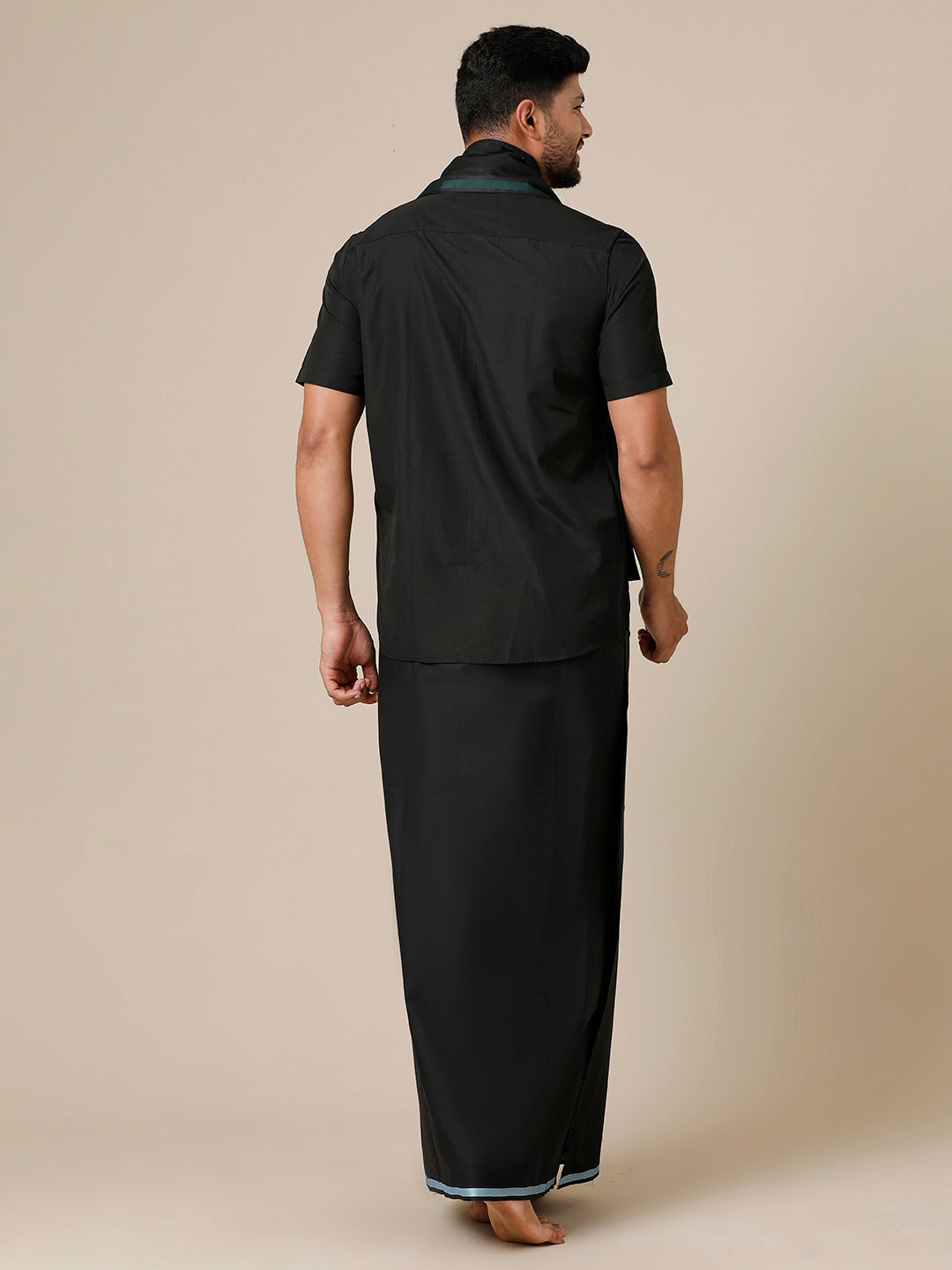 Mens Devotional Half Sleeve Shirt,Dhoti & Towel 3 in 1 Black