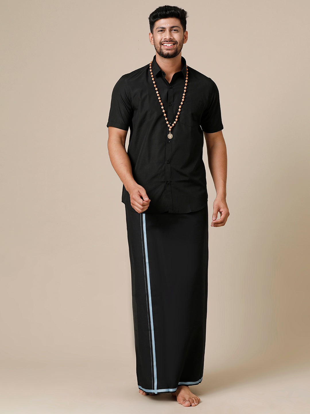 Mens Devotional Half Sleeve Shirt & Dhoti Combo Grade Black