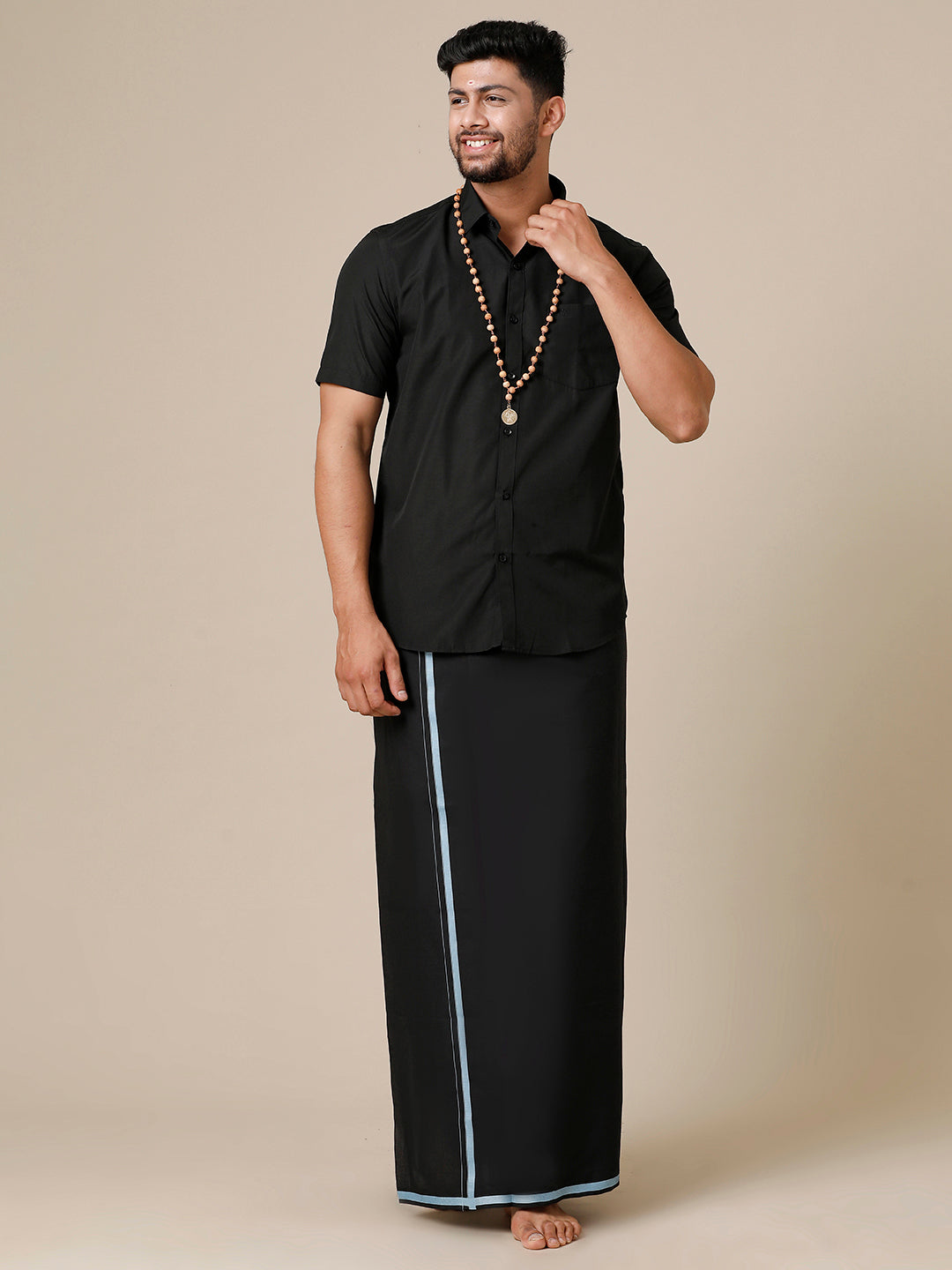 Mens Devotional Half Sleeve Shirt & Dhoti Combo Grade Black