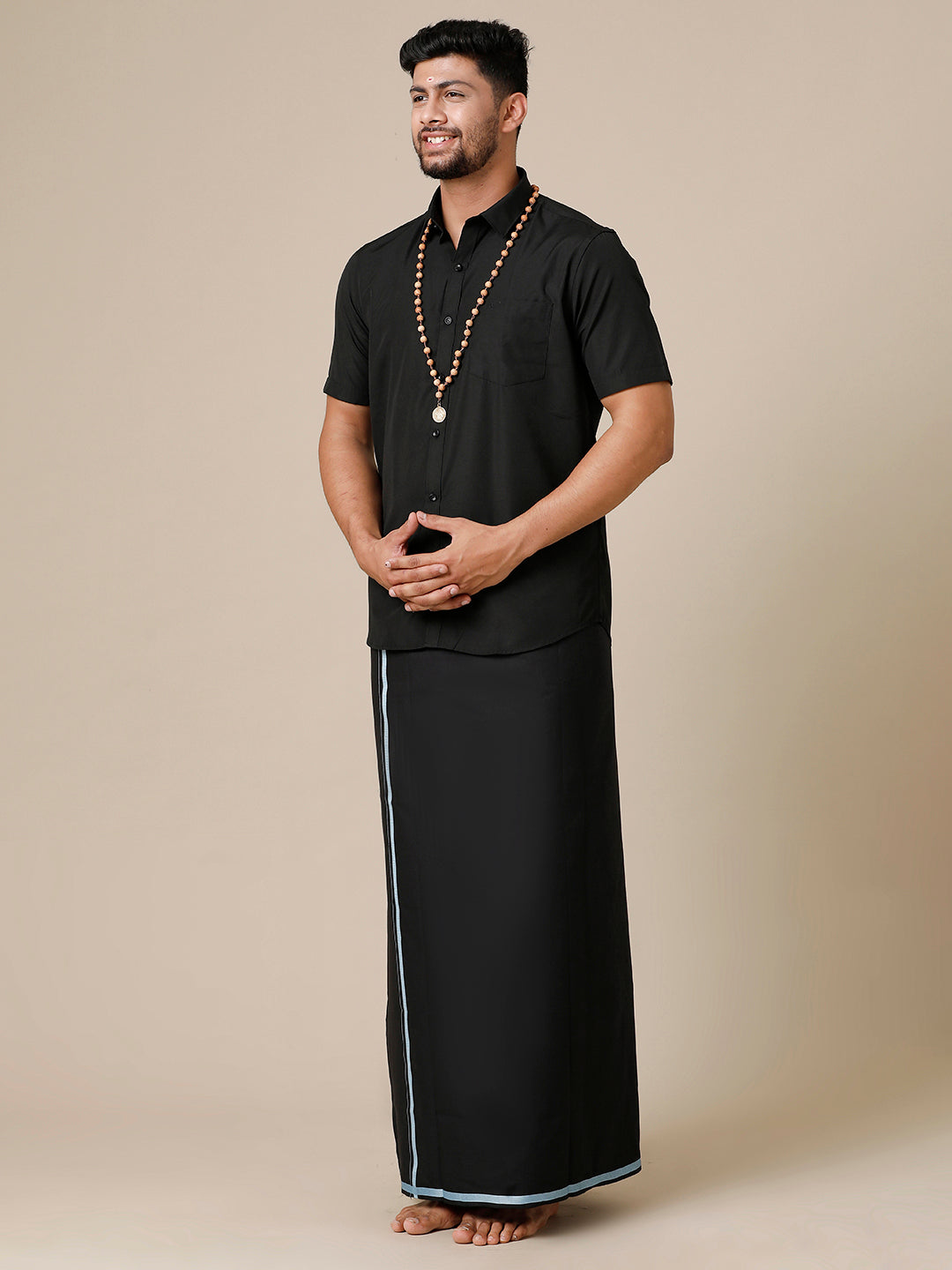 Mens Devotional Half Sleeve Shirt & Dhoti Combo Grade Black