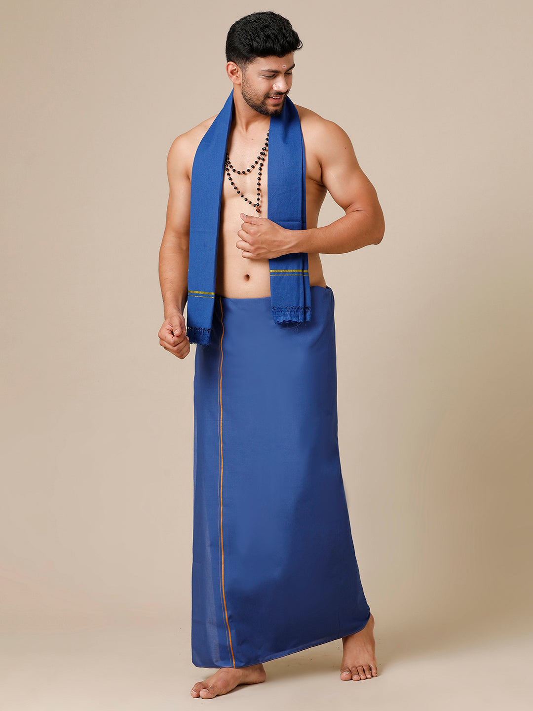 Mens Devotional Dhoti & Towel Set Golden Blue