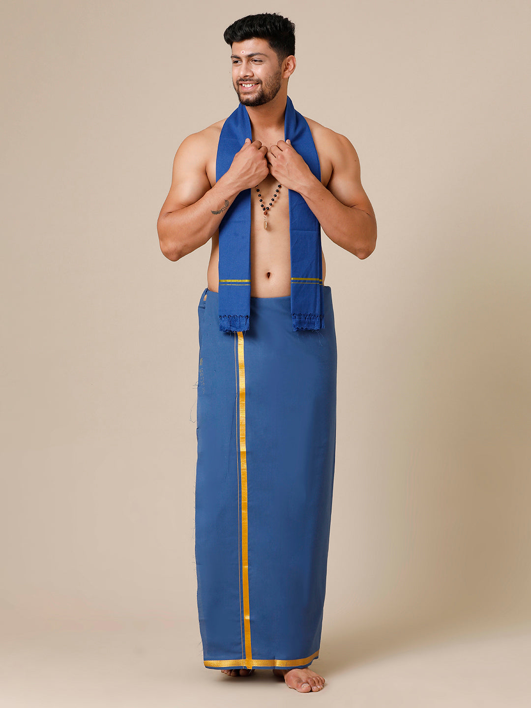 Mens Devotional Dhoti with Fancy Border Cosmic 13 (D.Blue)