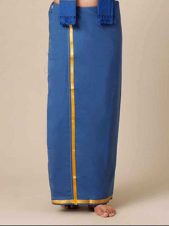 Men Cotton Blend Single Layer Blue Dhoti with Gold Jari Border Cosmic 13