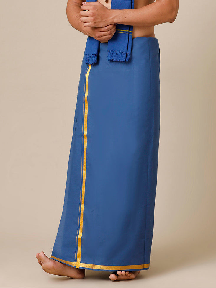 Men Cotton Blend Single Layer Blue Dhoti with Gold Jari Border Cosmic 13