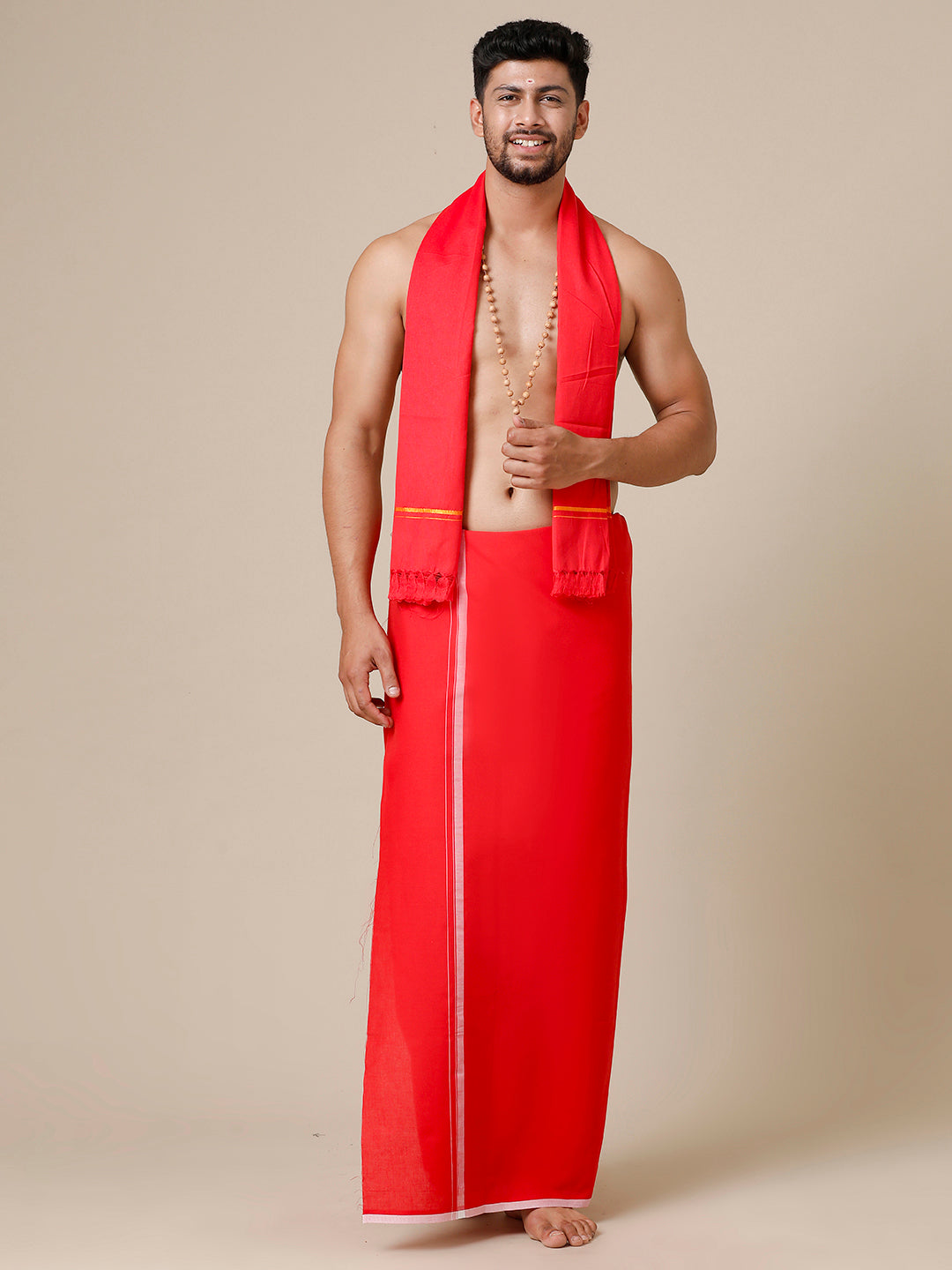 Mens Devotional Red Dhoti with Fancy Border Enrich Colour 11 (VL POPPY)
