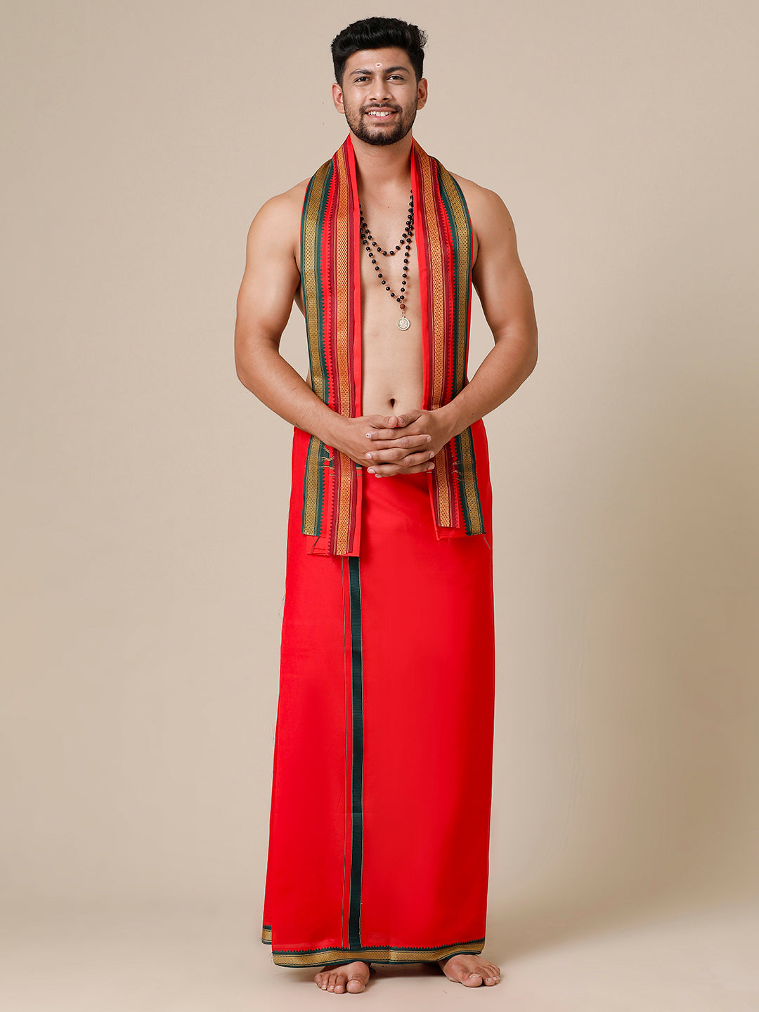 Mens Devotional Dhoti & Towel Set Brindhavan Red