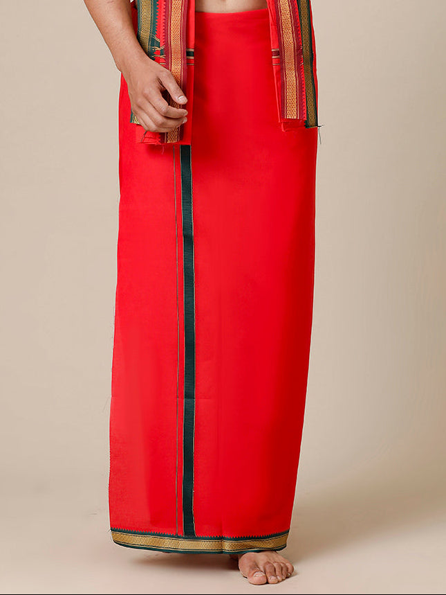 Men 100% Cotton Single Layer Red Dhoti with Mayilkhan Border Brindhavan