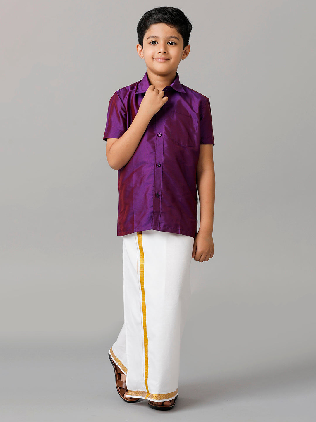 Boys Silk Cotton Violet Half Sleeves Shirt with Adjustable White Dhoti Combo K21-Front view