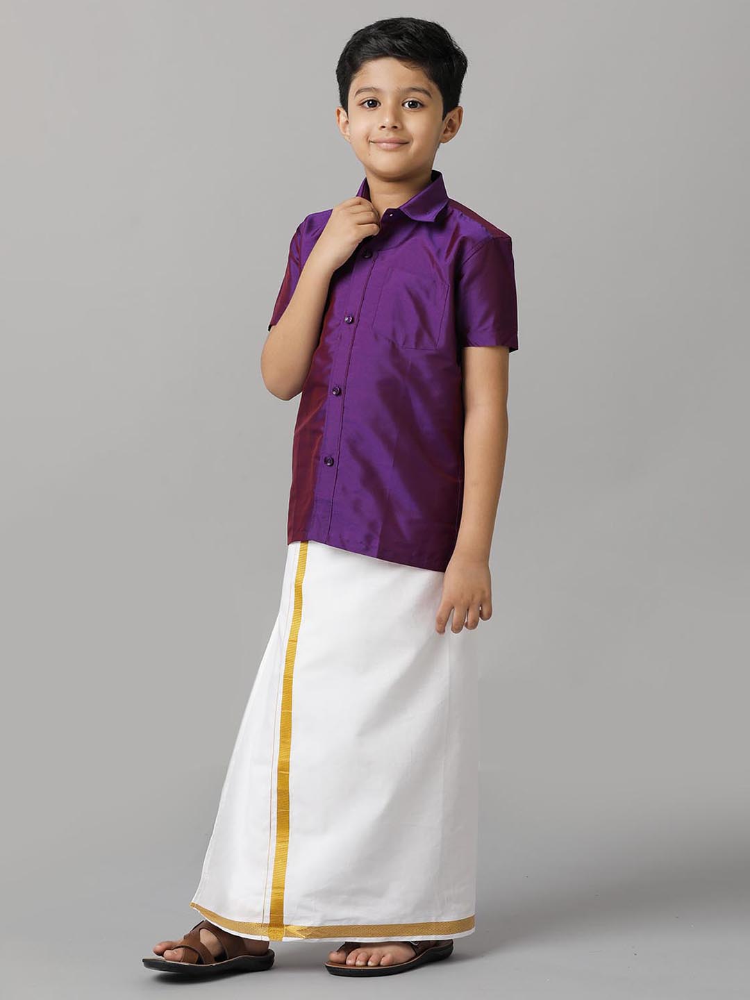 Boys Silk Cotton Violet Half Sleeves Shirt with Adjustable White Dhoti Combo K21-Side view