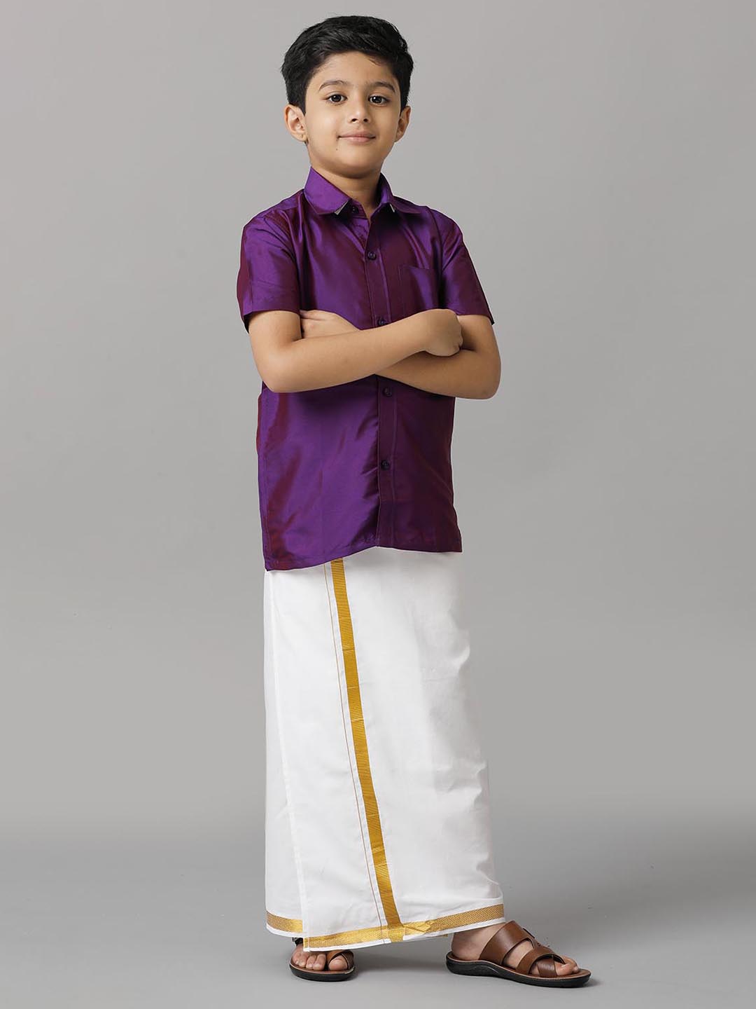 Boys Silk Cotton Violet Half Sleeves Shirt with Adjustable White Dhoti Combo K21