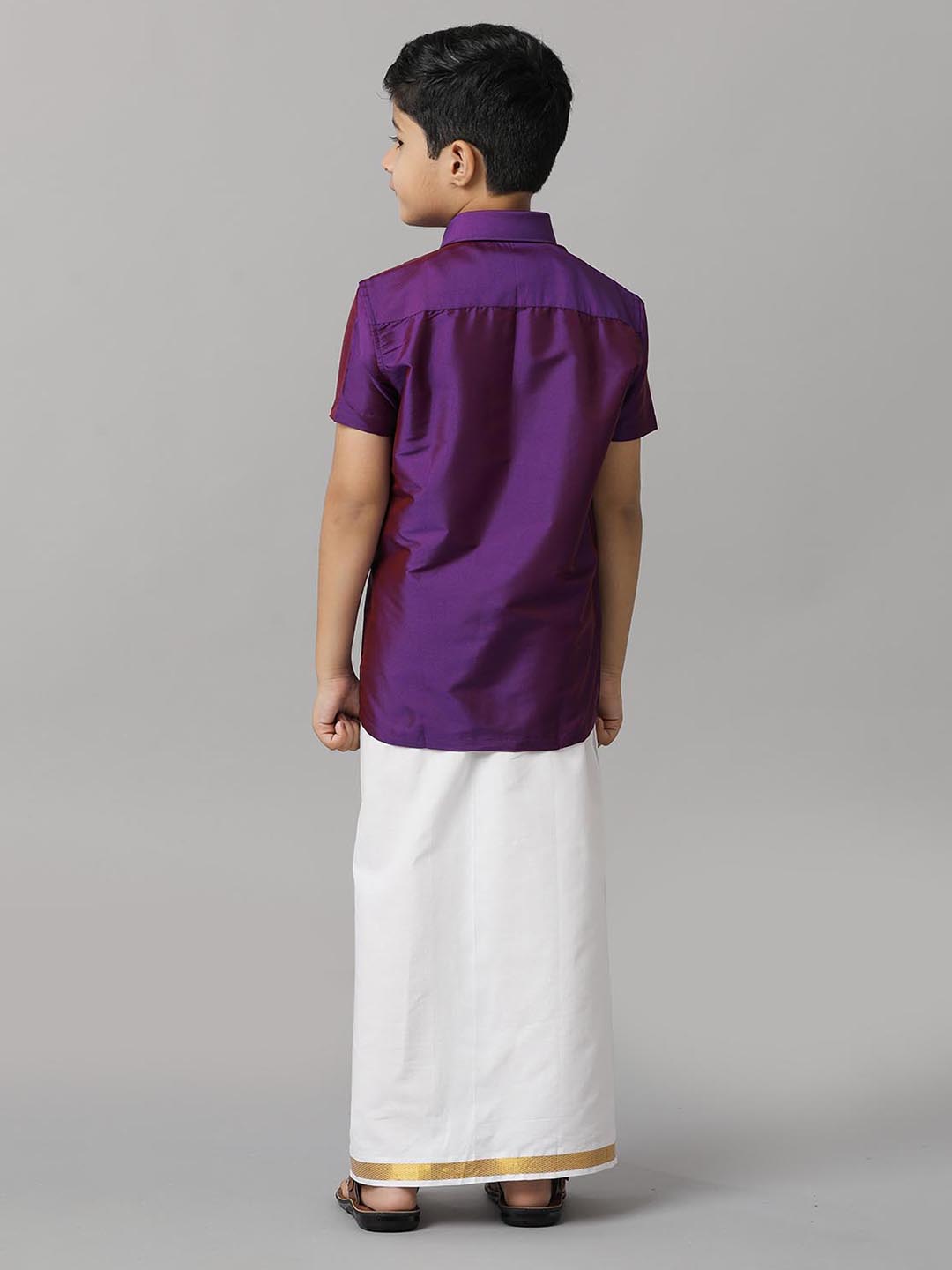 Boys Silk Cotton Violet Half Sleeves Shirt with Adjustable White Dhoti Combo K21-Back view
