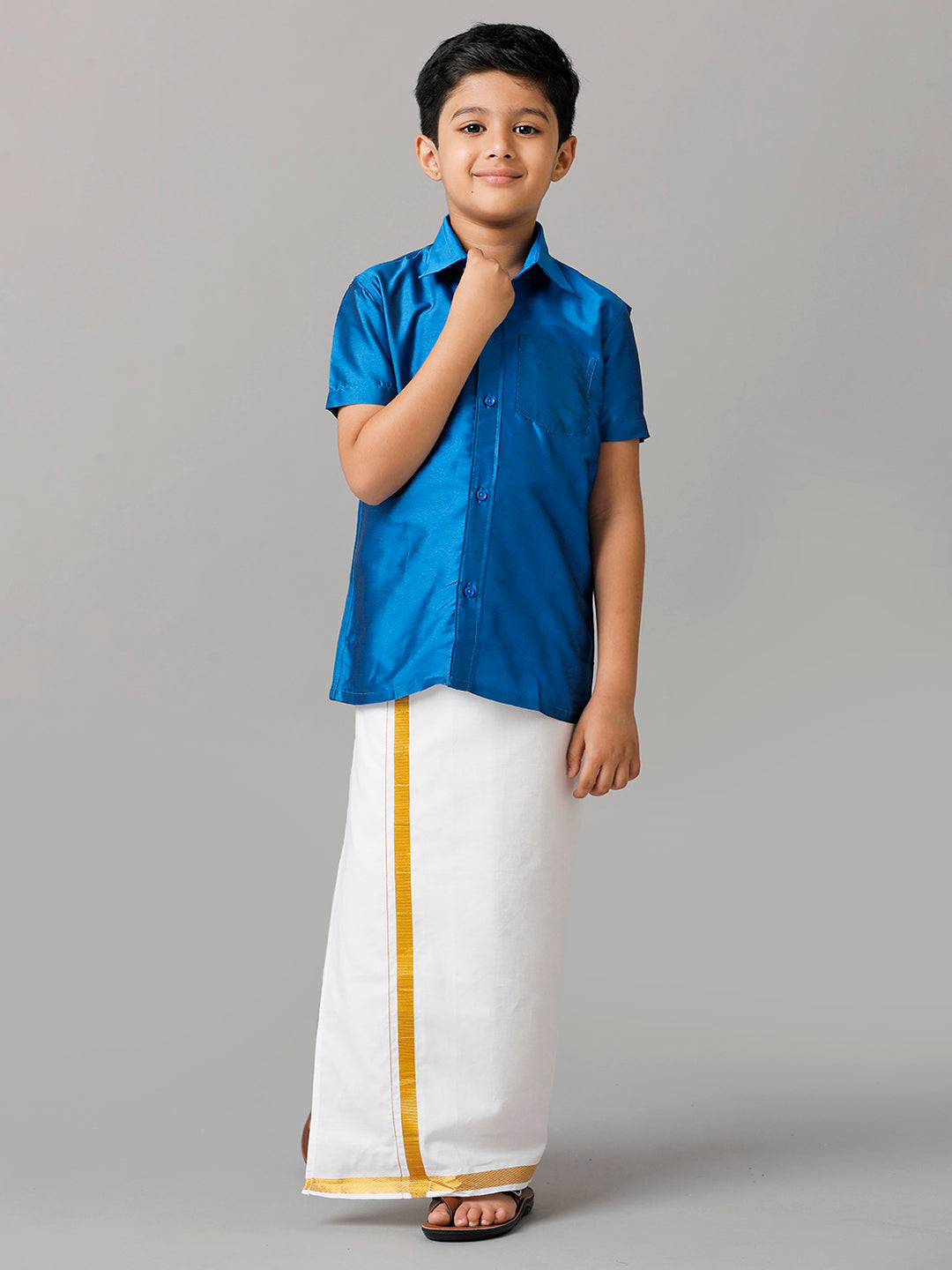 Boys Silk Cotton Royal Blue Half Sleeves Shirt with Adjustable White Dhoti Combo K10