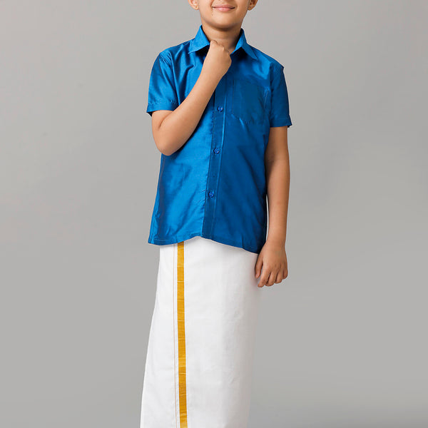 Boys Silk Cotton Royal Blue Half Sleeves Shirt with Adjustable Cream D